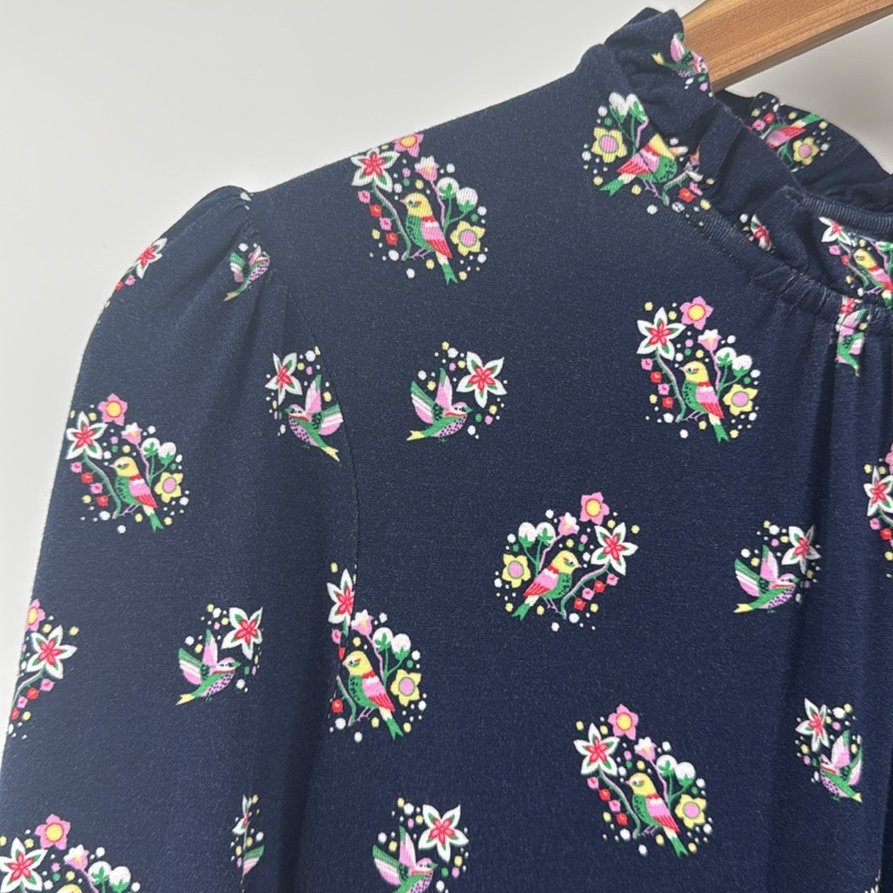 Boden Navy Pretty Bird Floral Clara Long Sleeve Ruffle Neck Jersey Dress - Picture 2 of 9